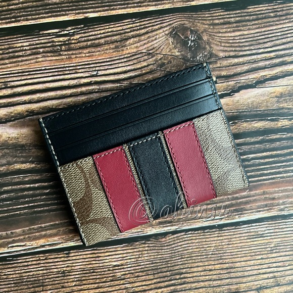 New Coach Signature Canvas Leather Card Case with Red Black Varsity Stripes - Picture 5 of 6